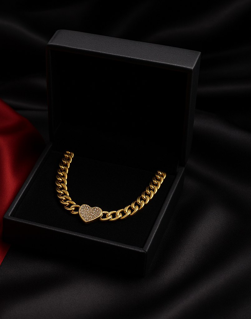 18 Karate Gold - Plated Cuban Link Ankle Bracelet with a Heart Shaped Center Piece