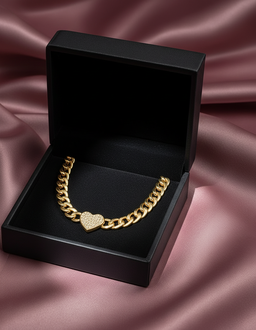 18 Karate Gold - Plated Cuban Link Ankle Bracelet with a Heart Shaped Center Piece