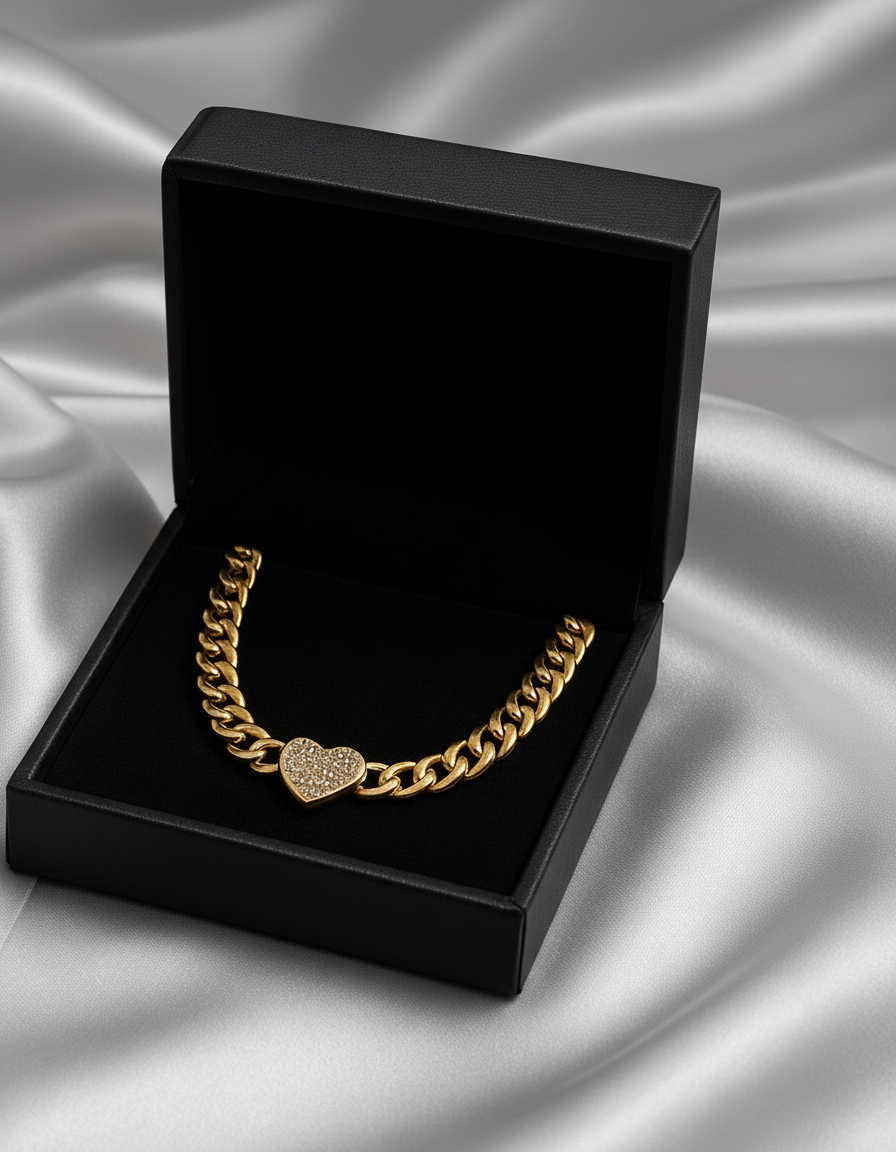 18 Karate Gold - Plated Cuban Link Ankle Bracelet with a Heart Shaped Center Piece