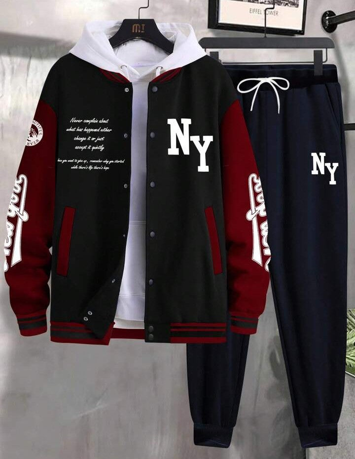 Manfinity Homme Men's Color Block Hooded Jacket With Drawstring Waistband Joggers, 2pcs/Set, Fall Clothes